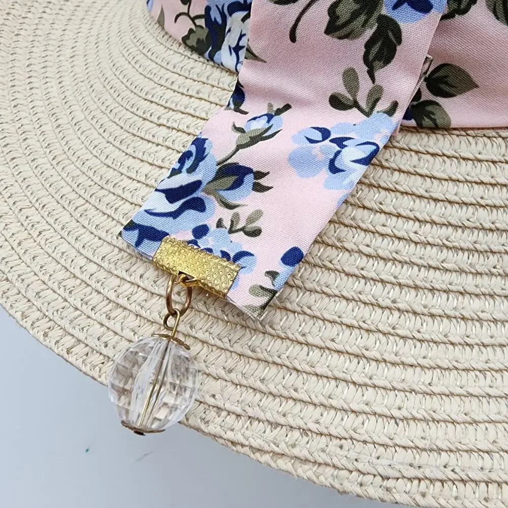 Marcus Adler Womens Straw Hat Short Brim Floral Tie Round Top Vacation Beach